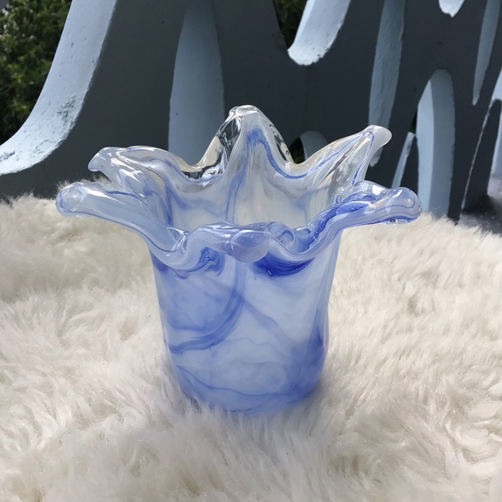 Vietri Mouthblown Glass Made in Italy Mini Glass Blue Swirl Decorative Bud Vase